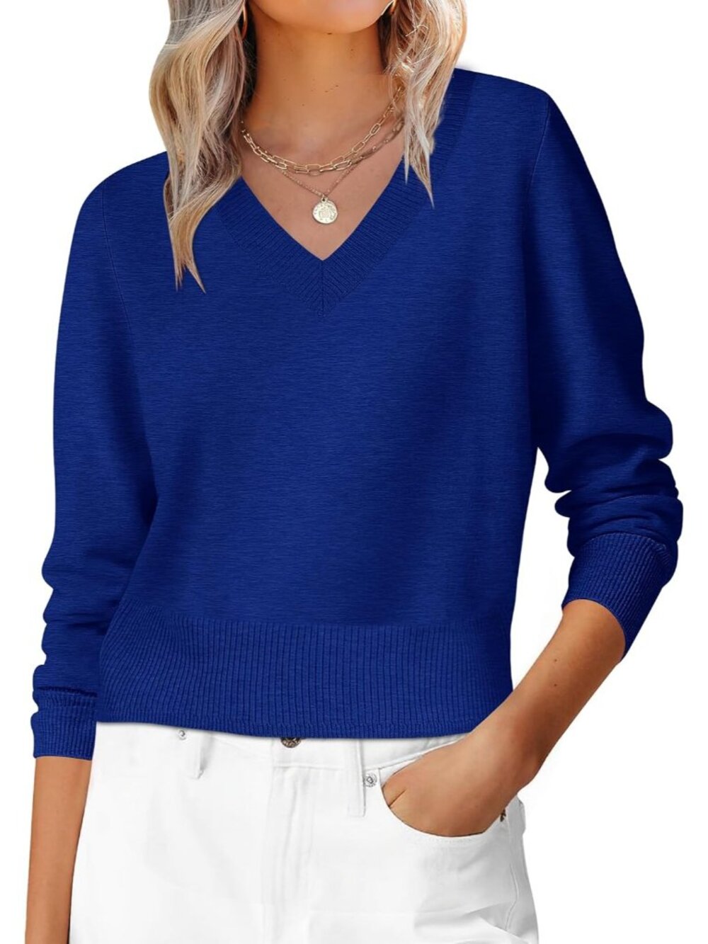 Women Royal Blue Cropped V Neck Long Sleeve Casual Pullover Fall Outfits Sweater